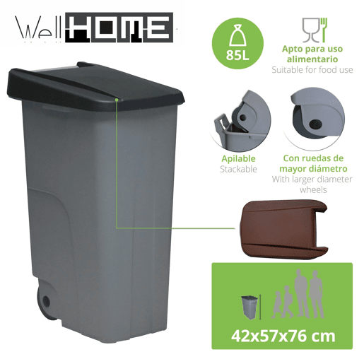 WELL HOME Contentor Fechado 85L Preto Alt.76cm+10 sacos de lixo de 100L