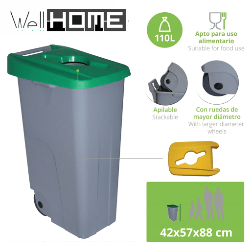 WELL HOME Recipiente Aberto 110L Verde Alt.88cm+10 sacos de lixo 120L