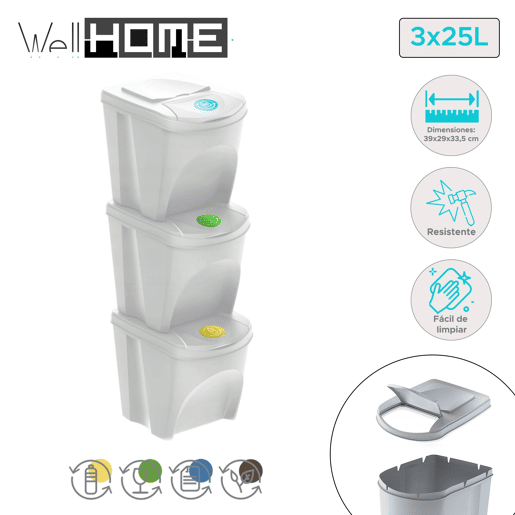 WELL HOME Conjunto de 3 lixeiras-lixeira, branco sujo, 3x25L