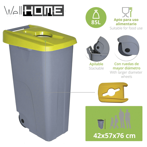 WELL HOME Recipiente Aberto 85L.Amarelo Alt.76cm+10 sacos de lixo 100L