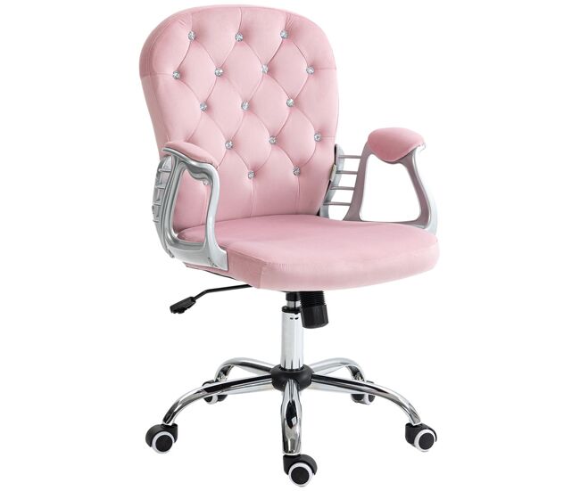 Vinsetto silla de oficina silla de escritorio giratoria tapizada en terciopelo con altura ajustable reposabrazos y decoraciones de diamantes carga 120 kg para estudio dormitorio rosa