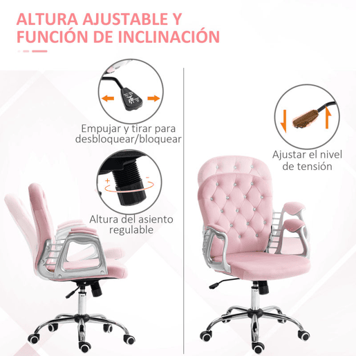 Vinsetto Cadeira de Escritório Estofada em Veludo Cadeira Giratória com Altura Ajustável Apoio para os Braços e Decorações de Cristal Carga 120 kg Cadeira para Estudio Dormitório Rosa