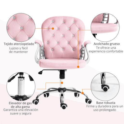 Vinsetto Cadeira de Escritório Estofada em Veludo Cadeira Giratória com Altura Ajustável Apoio para os Braços e Decorações de Cristal Carga 120 kg Cadeira para Estudio Dormitório Rosa