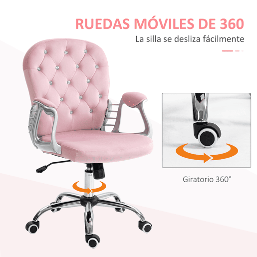 Vinsetto Cadeira de Escritório Estofada em Veludo Cadeira Giratória com Altura Ajustável Apoio para os Braços e Decorações de Cristal Carga 120 kg Cadeira para Estudio Dormitório Rosa