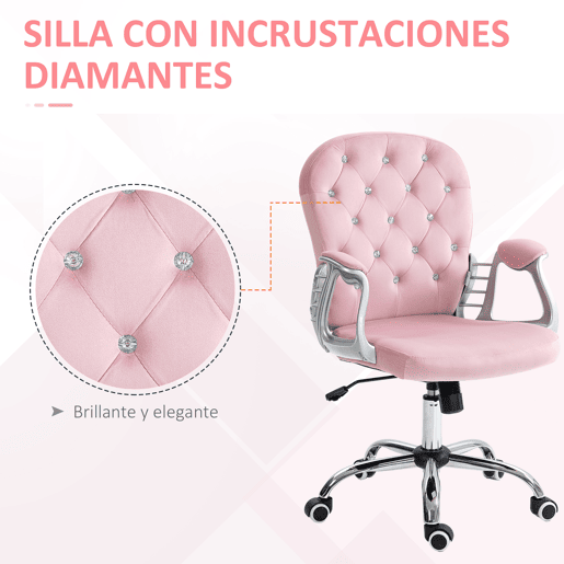 Vinsetto Cadeira de Escritório Estofada em Veludo Cadeira Giratória com Altura Ajustável Apoio para os Braços e Decorações de Cristal Carga 120 kg Cadeira para Estudio Dormitório Rosa
