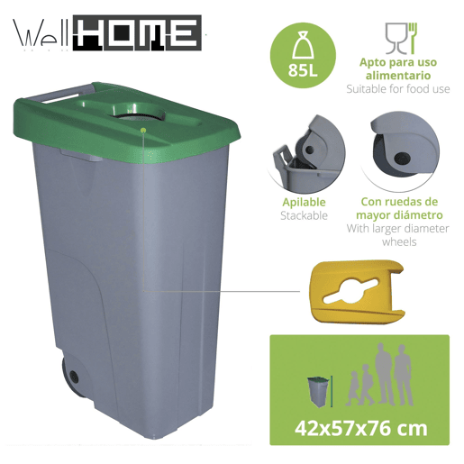 WELL HOME Recipiente Aberto 85L Verde Alt.76cm+10 sacos de lixo de 100L