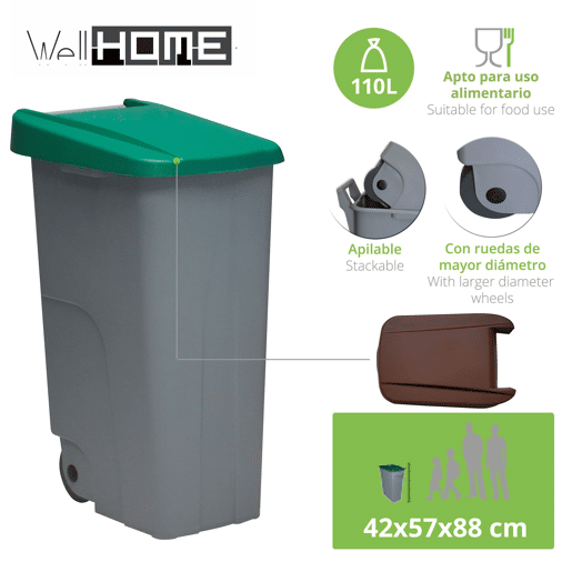 WELL HOME Conjunto de 2 Recipientes Fechados de 110L Azul+Verde Alt.88cm
