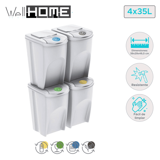 WELL HOME Conjunto de 4 lixeiras-lixeira, branco sujo, 4x35L