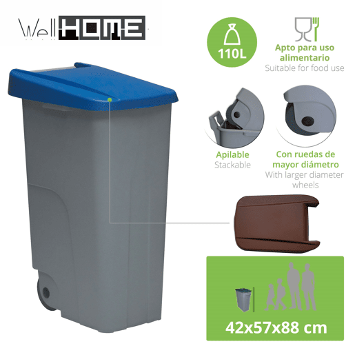 WELL HOME Conjunto de 2 Recipientes Fechados de 110L Azul+Preto Alt.88cm