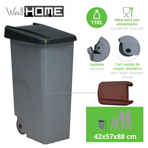 WELL HOME Contentor Fechado 110L Preto Alt.88cm+10 sacos de lixo 120L