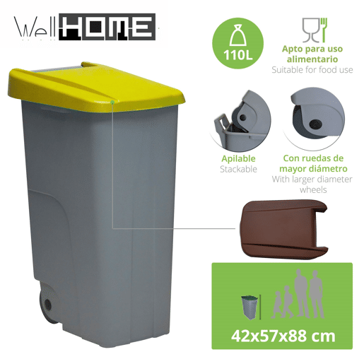 WELL HOME Contentor Fechado 110L Amarelo Alt.88cm+10 sacos de lixo 120L