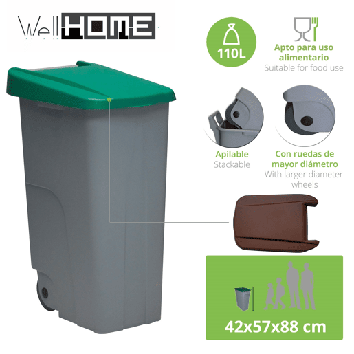 WELL HOME Contentor Fechado 110L Verde Alt.88cm+10 sacos de lixo 120L