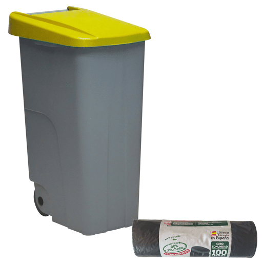 WELL HOME Contentor Fechado 85L Amarelo Alt.76cm+10 sacos de lixo de 100L