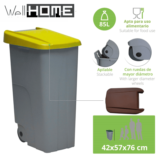 WELL HOME Contentor Fechado 85L Amarelo Alt.76cm+10 sacos de lixo de 100L