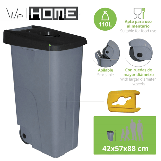 WELL HOME Recipiente Aberto 110L Preto Alt.88cm+10 sacos de lixo 120L