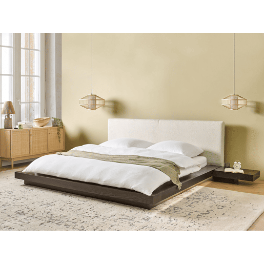 Cama com LED Bouclé ZEN 180 x 200 cm LED Madeira escura de freixo