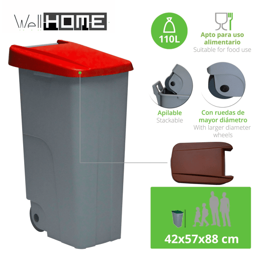 WELL HOME Conjunto de 2 Recipientes Fechados de 110L Azul+Vermelho Alt.88cm