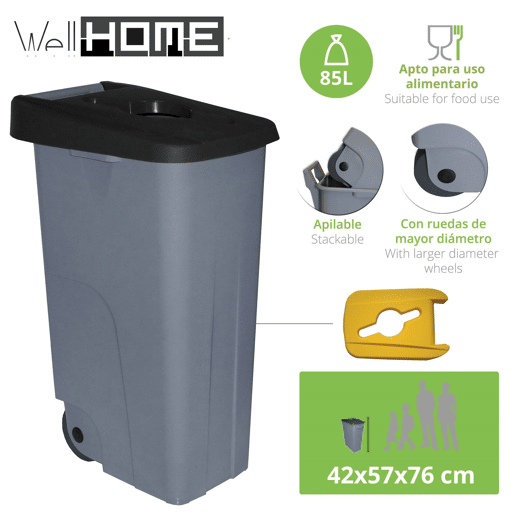 WELL HOME Recipiente Aberto 85L Preto Alt.76cm+10 sacos de lixo 100L