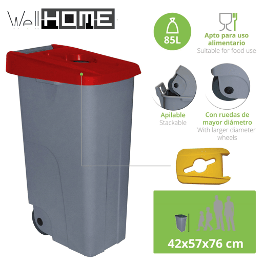 WELL HOME Recipiente Aberto 85L Vermelho Alt.76cm+10 sacos de lixo de 100L