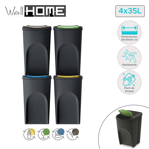 WELL HOME Conjunto de 4 latas de lixo 100% plástico reciclado, preto, 4x35L