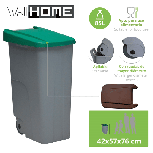 WELL HOME Contentor Fechado 85L Verde Alt.76cm+10 sacos de lixo de 100L