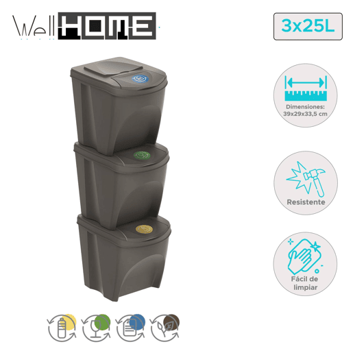 WELL HOME Conjunto de 3 lixeiras-lixeira, cinza, volume 3x25L