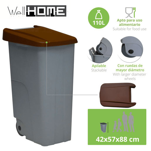 WELL HOME Contentor Fechado 110L Castanho Alt.88cm+10 sacos de lixo 120L