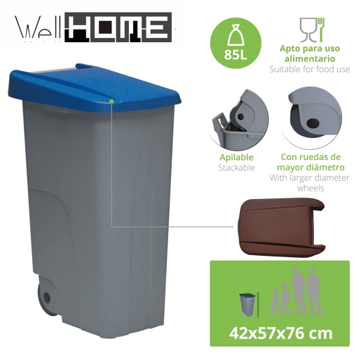 WELL HOME Contentor Fechado 85L Azul Alt.76cm+10 sacos de lixo de 100L WELL HOME Contentor Fechado 85L Azul Alt.76cm+10 sacos de lixo de 100L