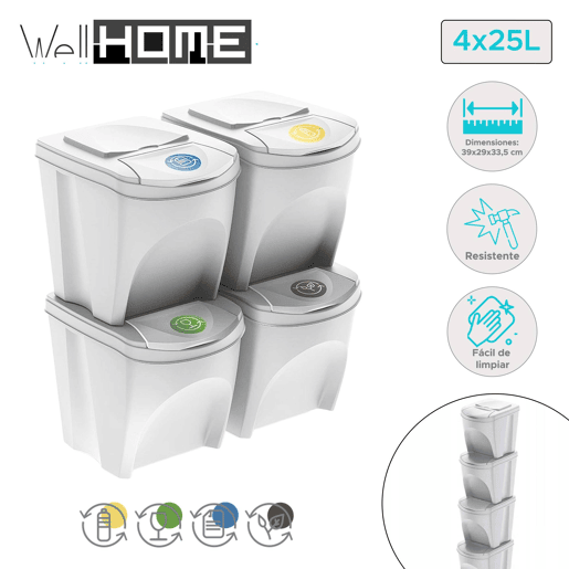 WELL HOME Conjunto de 4 lixeiras-lixeira, branco sujo, 4x25L WELL HOME Conjunto de 4 lixeiras-lixeira, branco sujo, 4x25L