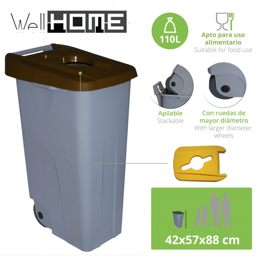 WELL HOME Recipiente Aberto 110L Marrom Alt.88cm+10 sacos de lixo 120L
