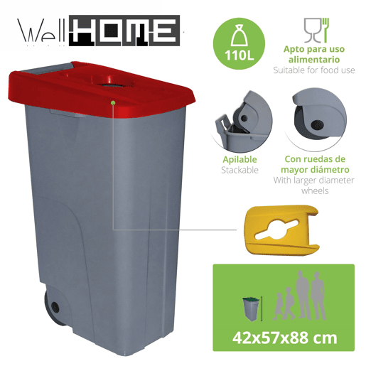 WELL HOME Recipiente Aberto 110L Vermelho Alt.88cm+10 sacos de lixo 120L