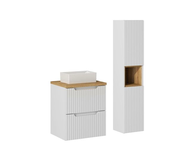 Conjunto de muebles con lavabo individual 50cm 2 cajones y columna riva blanco y madera