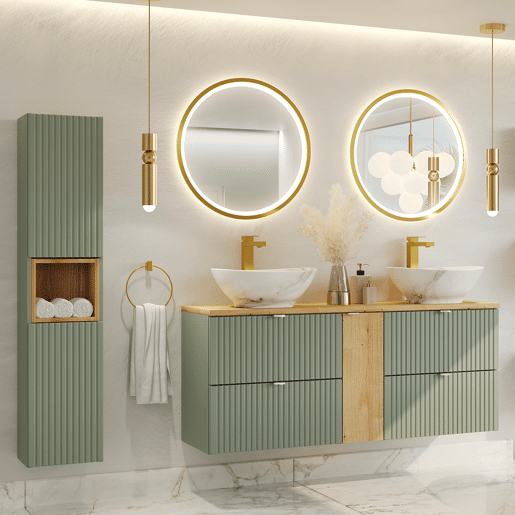 Móvel lavatório 50cm 2 gavetas tampo lavatório Verde Jade e Madeira