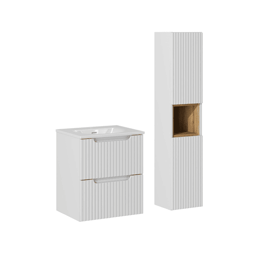 Conjunto móvel lavatório simples encastrado 50cm 2 gavetas e coluna Riva Branco e Madeira