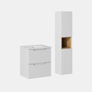 Conjunto móvel lavatório simples encastrado 50cm 2 gavetas e coluna Riva Branco e Madeira