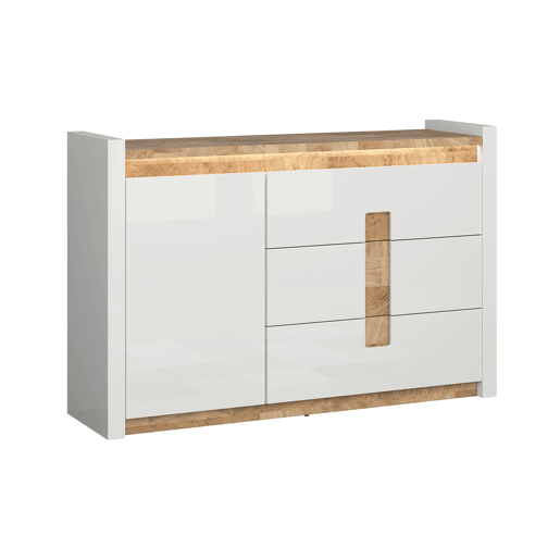 Aparador 1 porta 3 gavetas com LED Helios Branco laqué e Madeira