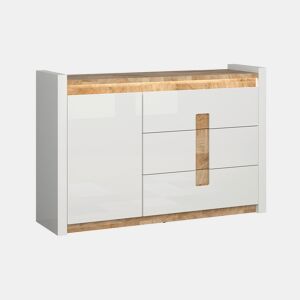 Aparador 1 porta 3 gavetas com LED Helios Branco laqué e Madeira