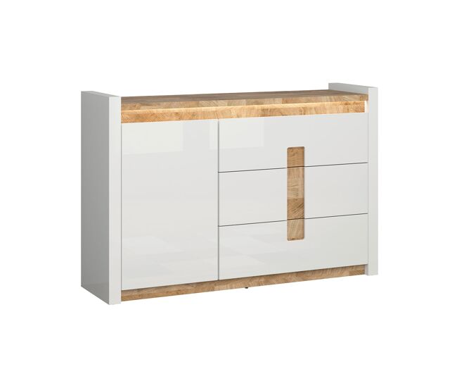 Bufé 1 puerta 3 cajones con led helios blanco lacado y madera