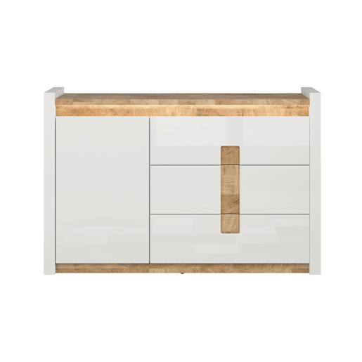 Aparador 1 porta 3 gavetas com LED Helios Branco laqué e Madeira
