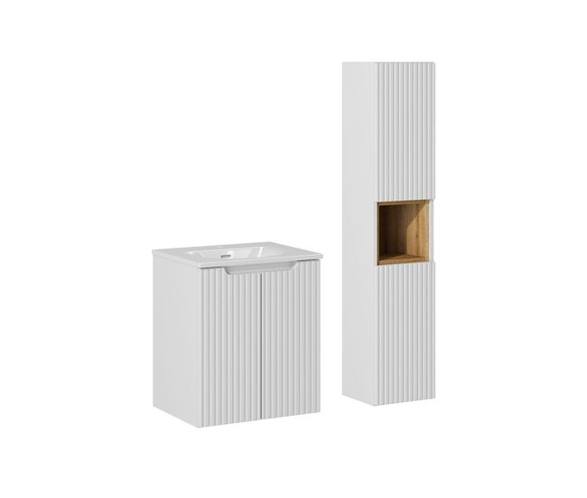 Conjunto de muebles con lavabo individual encastrado 50cm 2 puertas y columna riva blanco y madera
