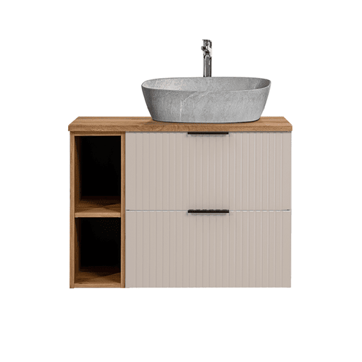 Móvel simples lavatório efeito pedra 80cm 2 nichos Adriel Caxemira e Madeira