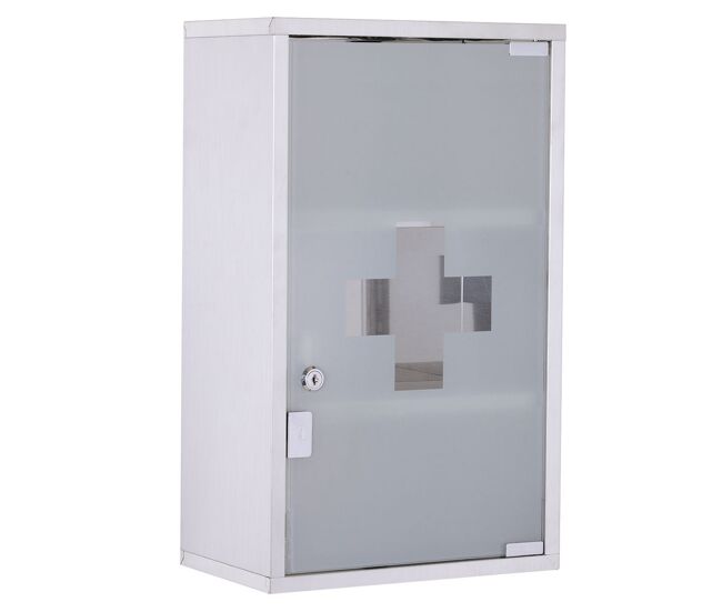 Homcom armario de medicinas botiquín gabinete de primero auxilios acero inox 3 estantes caja colgante de pared con cerradura