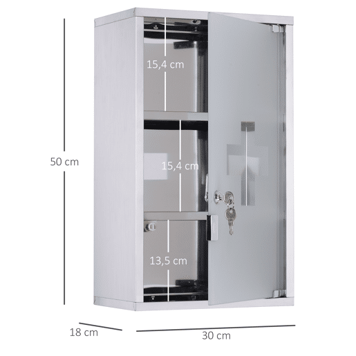 HOMCOM Armário de remédios de aço inoxidável montado na parede com 3 prateleiras com 2 chaves 30x18x50 cm prata