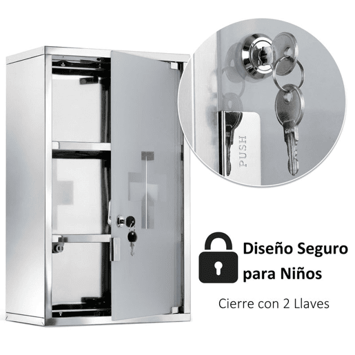 HOMCOM Armário de remédios de aço inoxidável montado na parede com 3 prateleiras com 2 chaves 30x18x50 cm prata