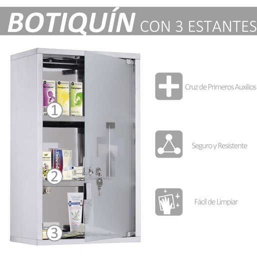 HOMCOM Armário de remédios de aço inoxidável montado na parede com 3 prateleiras com 2 chaves 30x18x50 cm prata