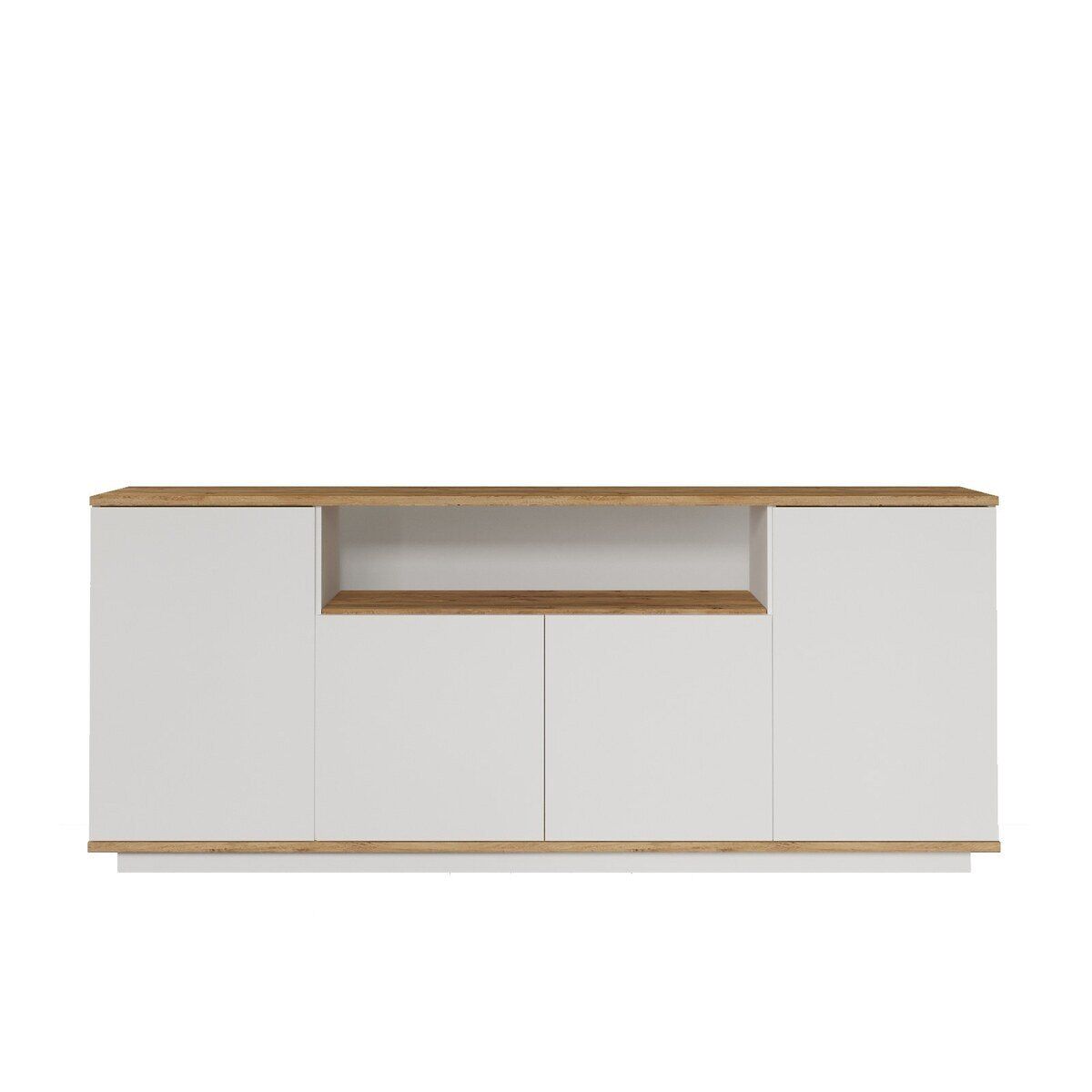 Aparador 4 puertas, 1 nicho abierto en el medio decorado en madera de pino y blanco l180 cm