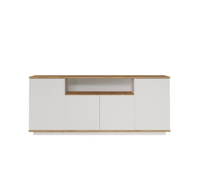 Aparador 4 puertas, 1 nicho abierto en el medio decorado en madera de pino y blanco l180 cm