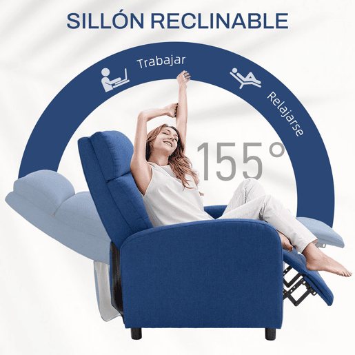 HOMCOM Poltrona Relax Reclinável até 155° Poltrona Reclinável Manual Estofado em Tecido Carga Máxima 150 kg para Pessoas com Altura Inferior 195 cm 67x87x98 cm Azul Escuro