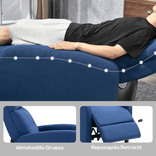 HOMCOM Poltrona Relax Reclinável até 155° Poltrona Reclinável Manual Estofado em Tecido Carga Máxima 150 kg para Pessoas com Altura Inferior 195 cm 67x87x98 cm Azul Escuro