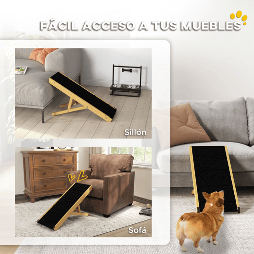 PawHut Rampa para Cães Dobrável Rampa para Animais de Estimação de Madeira com Altura Ajustável em 4 Níveis para Cães Pequenos e Médios 83,5x35x47,5 cm Natural